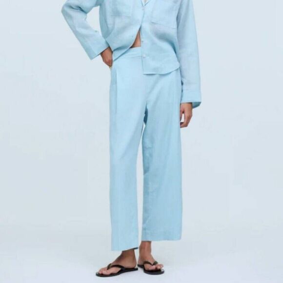 Madewell Pull-On Straight Crop Pant Sz 2 Blue Heron Linen Beachy Coastal NO954 - Picture 1 of 11